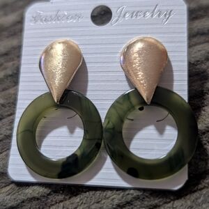 olive green resin hoop drop earrings with gold-tone studs.